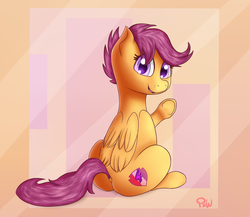 Size: 1500x1300 | Tagged: safe, artist:ponyxwright, scootaloo, pegasus, pony, g4, abstract background, cutie mark, dock, female, filly, looking back, raised hoof, sitting, smiling, solo, the cmc's cutie marks, underhoof
