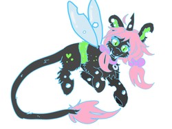 Size: 1280x960 | Tagged: safe, artist:chibichangeling, oc, oc only, oc:oculus, changeling, changeling oc, fangs, green changeling, pink hair, ring, slit pupils, solo, wedding ring