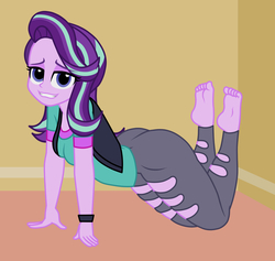 Size: 1900x1800 | Tagged: safe, artist:mashoart, starlight glimmer, equestria girls, g4, mirror magic, spoiler:eqg specials, ass, barefoot, beanie, butt, clothes, feet, female, fetish, glimmer glutes, grin, hat, pants, smiling, solo, torn clothes