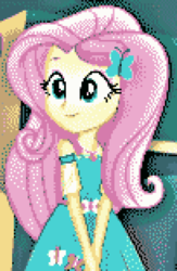 Size: 1122x1716 | Tagged: safe, fluttershy, equestria girls, g4, my little pony equestria girls: better together, 8-bit, clothes, dress, female, geode of fauna, magical geodes, smiling, solo