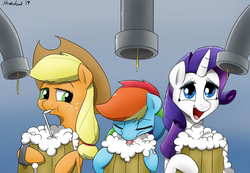 Size: 2480x1715 | Tagged: safe, alternate version, artist:strebiskunk, applejack, rainbow dash, rarity, earth pony, pegasus, pony, unicorn, g4, cider, dashie has a drinking problem, drinking straw, eyes closed, gradient background, mug, not porn, suggestive description, tankard, that pony sure does love cider, tongue out