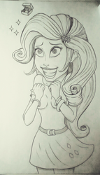 Size: 893x1565 | Tagged: safe, artist:swordcat9, rarity, human, equestria girls, g4, excited, funny face, jewelry, monochrome