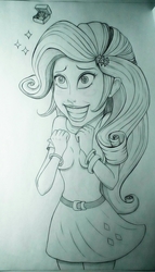 Size: 893x1565 | Tagged: safe, artist:swordcat9, rarity, equestria girls, g4, funny face, monochrome, solo