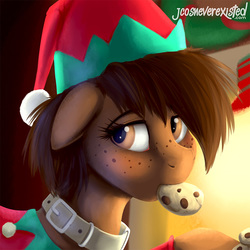 Size: 800x800 | Tagged: safe, artist:jcosneverexisted, oc, oc only, oc:mocha, pony, chimney, christmas, collar, cookie, elf costume, female, food, holiday, patreon, profile picture, reward, solo
