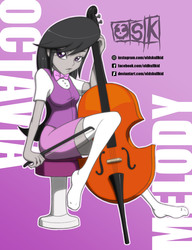Size: 1128x1468 | Tagged: safe, artist:oldskullkid, octavia melody, equestria girls, g4, bow, bowtie, cello, clothes, female, looking at you, miniskirt, missing shoes, musical instrument, sitting, skirt, socks, solo, thigh highs, thigh socks