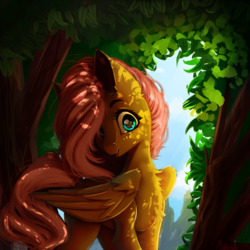 Size: 2000x2000 | Tagged: safe, artist:miokomata, fluttershy, pegasus, pony, g4, chest fluff, cute, dappled sunlight, female, freckles, high res, mare, open mouth, shyabetes, signature, solo, tree
