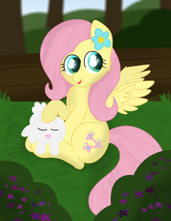 Size: 2550x3300 | Tagged: safe, artist:skyflys, angel bunny, fluttershy, pony, rabbit, g4, cheek fluff, chest fluff, cute, duo, female, flower, forest, high res, mare, petting, shyabetes