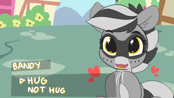 Size: 1280x720 | Tagged: safe, artist:pabbley, artist:threetwotwo32232, edit, oc, oc only, oc:bandy cyoot, earth pony, pony, raccoon pony, dating sim, dialogue box, fangs, female, heart, hooves together, looking at you, open mouth, smiling, solo, text, underhoof, wide eyes