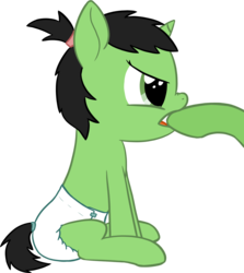 Size: 2252x2525 | Tagged: safe, artist:cleverround, oc, oc only, oc:filly anon, pony, unicorn, angry, baby, baby pony, biting, clothes, cute, diaper, female, filly, hair tie, high res, hoof biting, offscreen character, raised leg, scrunchy face, simple background, sitting, transparent background