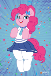 Size: 2000x3000 | Tagged: safe, artist:whistrid, pinkie pie, earth pony, pony, g4, abstract background, bipedal, bow, clothes, confetti, female, high res, movie accurate, patreon, patreon logo, school uniform, schoolgirl, solo, stockings, thigh highs