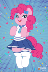 Size: 2000x3000 | Tagged: dead source, safe, artist:whistrid, pinkie pie, earth pony, pony, g4, abstract background, bipedal, bow, clothes, confetti, cute, diapinkes, female, high res, patreon, patreon logo, school uniform, schoolgirl, socks, solo, stockings, thigh highs, zettai ryouiki