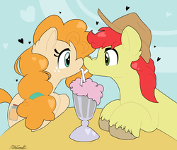 Size: 2000x1700 | Tagged: safe, artist:aesthetic-bagel, bright mac, pear butter, earth pony, pony, g4, the perfect pear, cute, drinking, female, heart, heart eyes, looking at each other, male, mare, milkshake, scene interpretation, sharing a drink, ship:brightbutter, shipping, stallion, straight, straw, table, unshorn fetlocks, wingding eyes