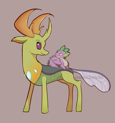 Size: 761x814 | Tagged: safe, artist:ximsketchs, spike, thorax, changedling, changeling, dragon, g4, duo, gray background, king thorax, looking at each other, male, simple background, smiling, winged spike, wings