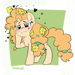 Size: 1440x1440 | Tagged: safe, artist:aesthetic-bagel, pear butter, earth pony, pony, g4, blushing, female, flower, flower in hair, heart, heart eyes, hoof on chin, smiling, solo, wavy mouth, wingding eyes