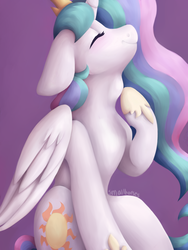Size: 3000x4000 | Tagged: safe, artist:smallhorses, part of a set, princess celestia, alicorn, pony, g4, blushing, commission, eyes closed, female, fetish, giantlestia, macro, mare, micro, open mouth, princess vorestia, size difference, soft vore, solo, swallowing, throat bulge, vore