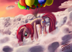 Size: 2800x2000 | Tagged: safe, artist:sigilponies, pinkie pie, earth pony, pony, g4, balloon, cloud, female, floating, high res, mare, pinkamena diane pie, signature, sky, solo, then watch her balloons lift her up to the sky