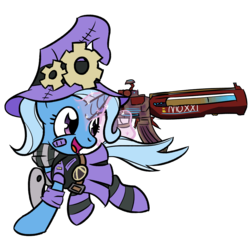Size: 2560x2560 | Tagged: safe, artist:phat_guy, derpibooru exclusive, trixie, pony, g4, amputee, borderlands, borderlands 2, clothes, cute, female, glowing horn, gun, hat, high res, horn, magic, mechromancer, pleated skirt, prosthetic limb, prosthetics, rifle, running, scarf, simple background, skirt, smiling, socks, solo, striped socks, telekinesis, transparent background, weapon