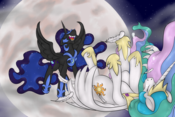Size: 1800x1200 | Tagged: safe, artist:pavlovzdawg, nightmare moon, princess celestia, pony, g4, evil laugh, eyes closed, feather, full moon, gritted teeth, moon, on back