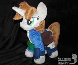 Size: 3299x2768 | Tagged: safe, artist:allunacraft, oc, oc:littlepip, pony, unicorn, fallout equestria, clothes, cutie mark, fanfic, female, high res, hooves, horn, irl, jumpsuit, mare, photo, pipbuck, plushie, saddle bag, solo, vault suit
