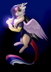 Size: 1280x1811 | Tagged: safe, artist:lilrandum, oc, oc only, oc:harmonia, draconequus, hybrid, crown, female, interspecies offspring, jewelry, offspring, parent:discord, parent:twilight sparkle, parents:discolight, regalia, solo