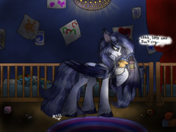 Size: 2048x1536 | Tagged: safe, artist:melonseed11, oc, oc only, oc:sleepytime junction, bat pony, pony, baby, baby pony, bow, crying, dark, diaper, ethereal mane, eyes closed, eyeshadow, fangs, female, floppy ears, foal, hair bow, holding a pony, lantern, leg fluff, lidded eyes, makeup, mare, open mouth, smiling, speech bubble, starry mane, unshorn fetlocks, wing hands