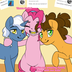 Size: 800x800 | Tagged: safe, artist:rainbowdrool, cheese sandwich, pinkie pie, pokey pierce, earth pony, pony, unicorn, tumblr:from dust to mist, g4, :3, ask, bipedal, eyes closed, female, from dust to mist, group, hairband, happy, hug, lidded eyes, looking at you, male, mare, open mouth, pinkie pie gets all the stallions, polyamory, polyandry, polygamy, raised hoof, ship:cheesepie, ship:pokeycheesepie, ship:pokeypie, shipping, smiling, stallion, straight, sugarcube corner, tumblr