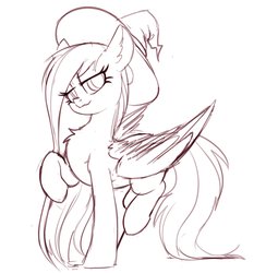 Size: 1996x2048 | Tagged: safe, artist:yoditax, oc, oc only, oc:8 ball, oc:autumn melody, pegasus, pony, clothes, female, hat, long hair, long mane, long tail, looking at you, mare, monochrome, solo, wings, witch hat