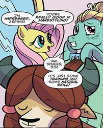 Size: 314x388 | Tagged: safe, artist:kate sherron, idw, official comic, fluttershy, yona, zephyr breeze, pony, yak, g4, spoiler:comic, spoiler:comic74, brother and sister, comb, comic, cropped, eyes closed, female, male, smiling