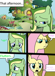 Size: 931x1280 | Tagged: safe, artist:didgereethebrony, fluttershy, oc, oc:boomerang beauty, oc:didgeree, pony, comic:a different type of testing, g4, angry, ashamed, bitter, boomeree, fluttershy's cottage, glare, reupload, sad, updated, updated design, updated image