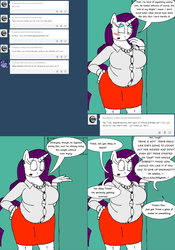Size: 2564x3664 | Tagged: safe, artist:americananomaly, rarity, trixie, anthro, g4, anthroquestria, belly, big belly, dialogue, fat, female, high res, implied blueblood, implied vore, offscreen character, post-vore, raripred, raritubby, solo, weight gain