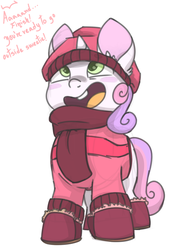 Size: 1000x1400 | Tagged: safe, artist:glitterstar2000, sweetie belle, pony, unicorn, g4, boots, clothes, cute, diasweetes, female, filly, implied cookie crumbles, offscreen character, scarf, shoes, simple background, solo, white background