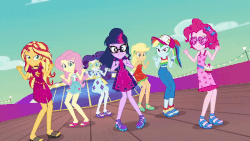 Size: 800x450 | Tagged: safe, screencap, applejack, fluttershy, pinkie pie, rainbow dash, rarity, sci-twi, sunset shimmer, twilight sparkle, equestria girls, equestria girls series, g4, i'm on a yacht, spoiler:eqg series (season 2), animated, clothes, dancing, dress, feet, female, geode of empathy, geode of fauna, geode of shielding, geode of super speed, gif, humane five, humane seven, humane six, jumping, legs, looking at you, magical geodes, midriff, sandals, sleeveless, toes