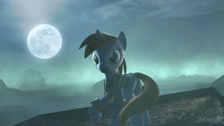 Size: 1024x576 | Tagged: safe, artist:loveslove, oc, oc only, oc:littlepip, pony, unicorn, fallout equestria, 3d, butt, clothes, cutie mark, fanfic, fanfic art, female, full moon, hooves, horn, jumpsuit, looking back, mare, moon, night, pipbuck, plot, raised hoof, solo, source filmmaker, vault suit
