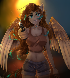 Size: 1350x1500 | Tagged: safe, artist:alicesmitt31, oc, oc only, oc:amora bunny, pegasus, anthro, ambiguous facial structure, anthro oc, belly button, clothes, female, gun, looking at you, midriff, shirt, shorts, weapon