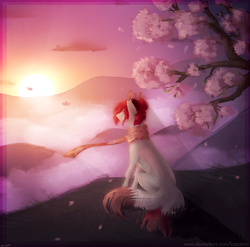 Size: 1145x1130 | Tagged: safe, artist:lastaimin, oc, oc only, earth pony, pony, cherry blossoms, clothes, flower, flower blossom, scarf, sitting, solo, sunset