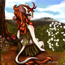 Size: 4096x4096 | Tagged: safe, artist:cali luminos, autumn blaze, kirin, anthro, g4, sounds of silence, absurd resolution, awwtumn blaze, beautiful, blushing, clothes, cloud, cute, female, flower, grass, looking at you, looking over shoulder, miniskirt, mountain, signature, sitting, skirt, sky, solo