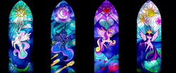 Size: 1280x538 | Tagged: safe, screencap, princess cadance, princess celestia, princess luna, twilight sparkle, alicorn, pony, g4, my little pony: the movie, deleted scene, stained glass, twilight sparkle (alicorn)