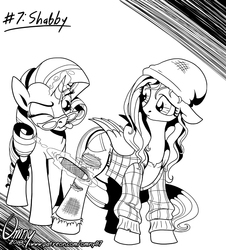 Size: 800x884 | Tagged: safe, artist:omny87, fluttershy, rarity, pegasus, pony, unicorn, series:ink's warming eve, g4, black and white, clothes, duo, female, file, glasses, grayscale, jeans, levitation, magic, mare, monochrome, one eye closed, pants, plaid, telekinesis, tongue out, torn clothes