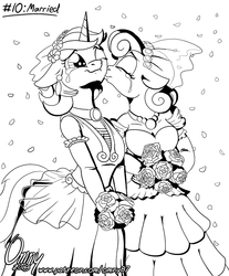 Size: 800x965 | Tagged: safe, artist:omny87, bon bon, lyra heartstrings, sweetie drops, earth pony, unicorn, anthro, series:ink's warming eve, g4, black and white, bouquet, bride, cheek kiss, clothes, crying, dress, female, grayscale, kissing, lesbian, mare, marriage, married couple, monochrome, ship:lyrabon, shipping, tears of joy, wedding, wedding dress