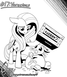 Size: 800x919 | Tagged: safe, artist:omny87, angel bunny, fluttershy, pegasus, pony, series:ink's warming eve, g4, annoyed, black and white, box, carrot, duo, eating, fat, female, food, grayscale, herbivore, mare, monochrome, stuffing