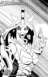 Size: 800x1278 | Tagged: safe, artist:omny87, queen chrysalis, anthro, series:ink's warming eve, g4, black and white, crown, female, grayscale, implied princess celestia, jewelry, long tongue, mind control, monochrome, offscreen character, pov, regalia, swirly eyes, tongue out