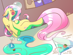 Size: 1600x1200 | Tagged: safe, artist:marcotonio, fluttershy, pegasus, pony, g4, alcohol, blushing, cocktail glass, drunk, drunkershy, female, fluttershy's cottage, food, long mane, mare, martini, sleeping, snot bubble, strawberry