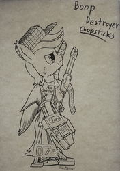 Size: 1398x1982 | Tagged: safe, artist:aeropegasus, oc, oc:chopsticks, pegasus, pony, angry, armor, battle suit, bipedal, cap, cheek fluff, ear fluff, fur, gun, hat, male, power armor, power suit, puffy cheeks, simple background, stallion, text, traditional art, weapon, white background