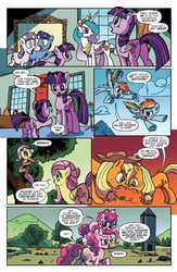 Size: 600x923 | Tagged: safe, artist:pencils, idw, official comic, applejack, fluttershy, night light, pinkie pie, princess celestia, rainbow dash, twilight sparkle, twilight velvet, alicorn, earth pony, pegasus, pony, unicorn, g4, spoiler:comic, spoiler:comicidw2020, butt, comic, female, filly, filly applejack, filly fluttershy, filly pinkie pie, filly rainbow dash, filly twilight sparkle, mare, multeity, plot, ponies riding ponies, pony hat, preview, riding, self ponidox, self riding, sitting on head, speech bubble, technobabble, time paradox, too much pink energy is dangerous, twibutt, twilight sparkle (alicorn), unicorn twilight, younger