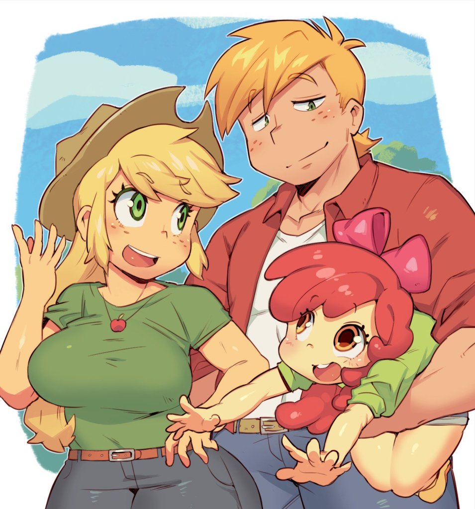 1941761 - safe, artist:jirousan, apple bloom, applejack, big macintosh,  human, apple siblings, applejack's hat, big breasts, blushing, bow,  breasts, brother and sister, busty applejack, clothes, cloud, cowboy hat,  cute, female, freckles, hair