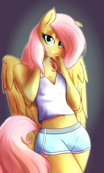 Size: 1500x2500 | Tagged: dead source, safe, artist:huckser, fluttershy, pegasus, anthro, g4, belly button, clothes, female, looking at you, mare, midriff, shirt, shorts, smiling, solo