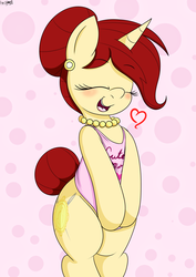 Size: 1977x2797 | Tagged: safe, artist:an-tonio, oc, oc only, oc:golden brooch, pony, unicorn, semi-anthro, abstract background, bipedal, blushing, clothes, cute, ear piercing, hair bun, happy, heart, jewelry, necklace, ocbetes, piercing, shirt, solo, tail bun