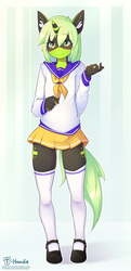 Size: 1417x2935 | Tagged: safe, artist:hoodie, oc, oc only, oc:serenity (shifty), unicorn, anthro, anthro oc, beckoning, clothes, crossdressing, cute, femboy, looking at you, male, mary janes, miniskirt, moe, pleated skirt, sailor uniform, shoes, skirt, socks, solo, thigh highs, underass, uniform, zettai ryouiki