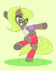 Size: 2000x2538 | Tagged: safe, artist:esfelt, oc, oc only, oc:fenderella bass, pegasus, pony, clothes, commission, exercise, female, freckles, high res, mare, shirt, shorts, simple background, smiling, solo, underhoof, yellow background