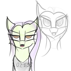 Size: 1000x1000 | Tagged: safe, artist:lamb, oc, oc only, oc:spooky treats, bat pony, pony, annoyed look, bandana, bust, clothes, fangs, female, fluffy, lidded eyes, mare, no pupils, open mouth, pointed ears, simple background, sketch, solo, text, white background, wide eyes